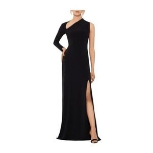 Betsy & Adam Asymmetric One Shoulder Evening Gown Black Crepe Maxi Dress‎ 12